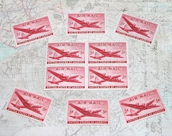 TEN 5c WWII Transport Plane Airmail Stamp | Scott C25 .. Pack of 10 Vintage Unused postage stamps. Militaria, DC-4, World War 2, Air Force
