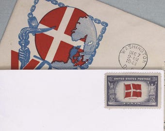 TEN 5c Flag of Denmark .. Unused US Postage Stamps .. From the Overrun Nations Series Issued in 1943 .. Pack of 10 stamps