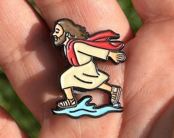 Jesus Running on Water Enamel Pin – Divine Speed, Holy Drip - w/ black rubber clasp