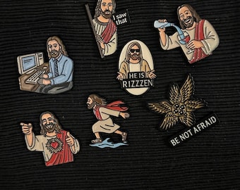Jesus Novelty Enamel Pins SET OF 7 w/ Rubber Clasp