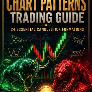 Peut inclure: Une couverture de livre intitulée Lane B Trader Series Chart Patterns Trading Guide 24 Essential Candlestick Formations Book 1 par Lane B Trader. Le design présente un taureau vert et un ours rouge face à face avec des graphiques boursiers.