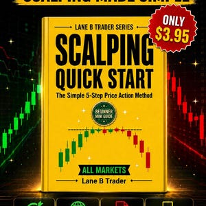 May include: A yellow book titled Scalping Quick Start, The Simple 5-Step Price Action Method, Lane B Trader Series. The cover features a candlestick chart graphic, a Beginner Mini Guide badge, and text indicating it is for all markets.