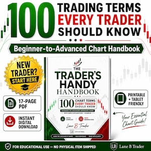 May include: A digital handbook titled The Trader's Handy Handbook, featuring 100 chart terms for traders. The cover displays green and red candlestick patterns, the text 100 Trading Terms Every Trader Should Know, and a 17-page PDF digital download label.