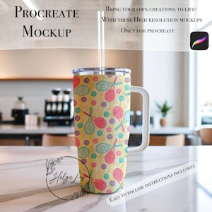 May include: A yellow tumbler with a white handle and a clear straw. The tumbler features a pattern of tennis rackets, hearts, and polka dots in pink, green, and purple. The image includes the text "Procreate Mockup" and "Bring your own creations to life!"
