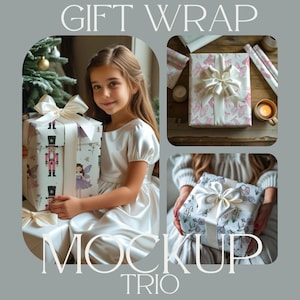 Puede incluir: La imagen muestra un trío de maquetas de envoltorios de regalo. Una presenta a una niña con un regalo envuelto adornado con un lazo blanco. Otros regalos están envueltos en papel estampado con lazos. El texto dice "GIFT WRAP MOCKUP TRIO."