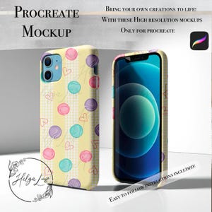 May include: A mockup of a yellow iPhone case with a pattern of tennis balls and hearts. The case is designed for use with the Procreate app. The text "PROCREATE MOCKUP" is at the top of the image. The text "EASY TO FOLLOW INSTRUCTIONS INCLUDED!" is at the bottom of the image.