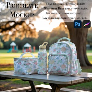 May include: A Procreate mockup image featuring a backpack, lunch bag, and water bottle. The items are white with a pattern of turtles and flowers. The text "PROCREATE MOCKUP" is at the top left. The background is a park setting.