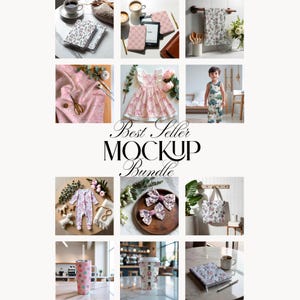 Puede incluir: Una colección de varios productos con estampados florales, incluyendo un vestido rosa, pijamas para bebés, un bolso tote y un vaso. La imagen también incluye cuadernos, lazos y una toalla con diseños similares. Se muestra el texto "Best Seller Mockup Bundle".