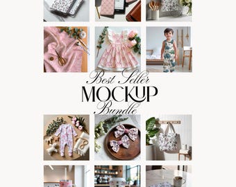 May include: A collection of various products, including a pink dress, baby pajamas, tote bag, and tumbler, all featuring floral patterns. The image also includes notebooks, bows, and a towel with similar designs. The text "Best Seller Mockup Bundle" is displayed.