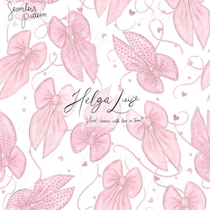 Puede incluir: Un patrón sin costuras con lazos rosas de diferentes texturas y diseños. El fondo es blanco con pequeños corazones rosas dispersos. El texto "Helga Luise" y "Hand drawn with love in Texas" está incluido en el diseño.