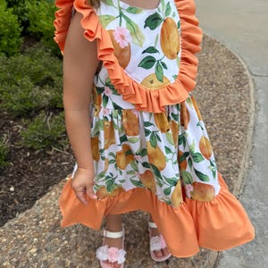 Handmade Girls Ruffle Dress Orange Fruit Print Custom Size Cotton Jersey & Soft DBP Baby to Tween made in the USA summer dress spring dress