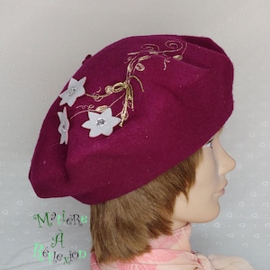 Hand embroidered burgundy wool beret