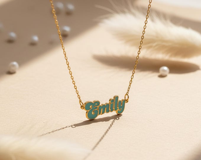 Featured listing image: Custom Enamel Name Necklace: Gold Retro Personalized Jewelry