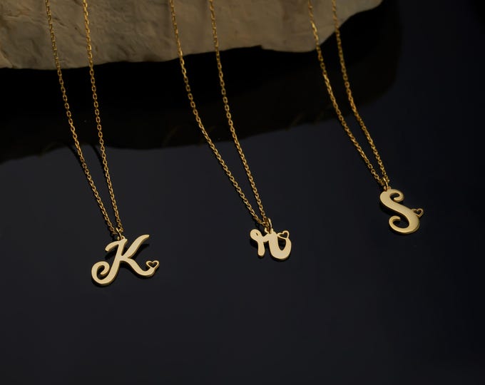 Featured listing image: 14k Gold Initial Necklace: Custom Letter with Heart, Personalized Jewelry