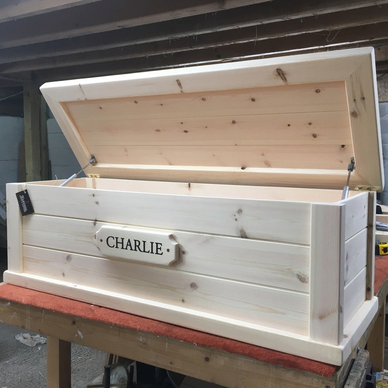 Traditional Wooden Toy Box with personalised name plaque. Etsy