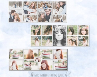 May include: A collection of Facebook timeline cover photo packs. The images feature couples, women with flower crowns, and a woman in a boat. The text "10 PACKS FACEBOOK TIMELINE COVER V2" is displayed at the bottom.