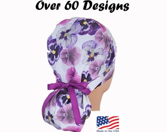 Ponytail scrub cap with full satin lining and buttons options-floral surgical hat for women with long hair