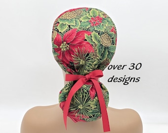 Christmas Ponytail Scrub Cap for Women; Surgical Hat with Satin Lining and Buttons Option; Poinsettia