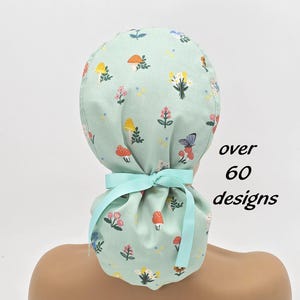 Floral Ponytail Scrub Cap: Satin Lined Cotton Surgical Hat