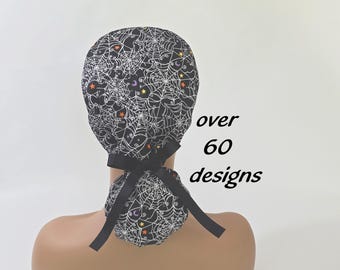 Halloween ponytail scrub cap for women and man with satin lining option - skeletons-pumpkins-cats-dogs-ghosts-spider web