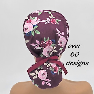 Ponytail scrub cap for women with satin lining option-strawberry and floral surgical scrub hats