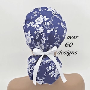 Floral Ponytail Scrub Cap for Women; OR nurse Cap with Lining and Buttons Option