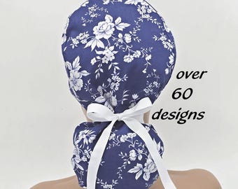 Floral Ponytail Scrub Cap for Women; OR nurse Cap with Lining and Buttons Option