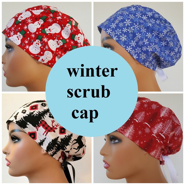 Winter scrub cap-Buy 4 get 1 free RANDOM cap-holiday scrub cap for women and men-snowflakes-snowman-woodland-penguin-poinsettia-ornaments..