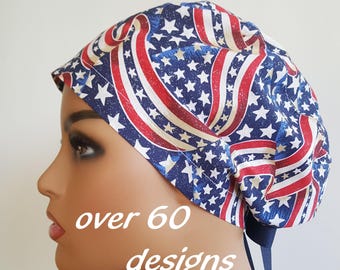 Gorro quirúrgico de algodón patriótico: gorro quirúrgico estilo europeo con botones