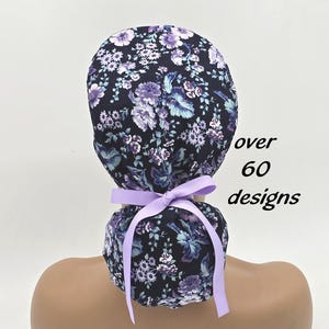 Floral Ponytail Scrub Cap: Satin Lined Cotton Nurse Cap