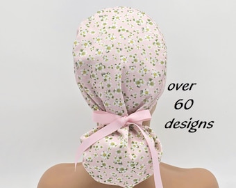 Satin Lined Ponytail Scrub Cap: Floral Cotton Surgical Hat, Made in USA