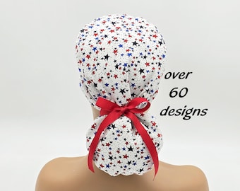 Ponytail Scrub Cap: Red, White & Blue - USA Made Cotton with Satin Lining