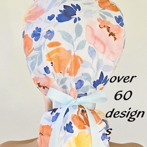 Floral Ponytail Scrub Cap: Satin Lined Cotton Surgical Hat