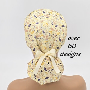 Floral ponytail scrub cap for women with satin lining  option-surgical cap for doctors and nurses