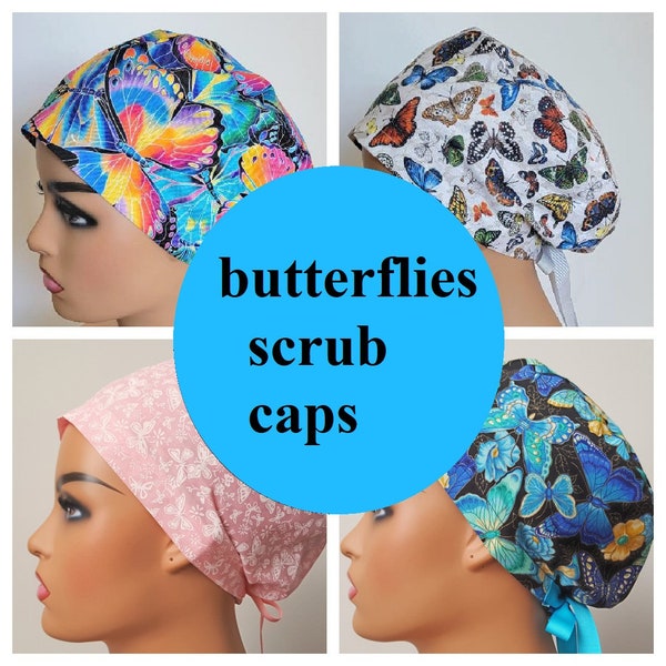 Scrub cap butterflies-Buy 4 get 1 free RANDOM cap-euro style women and men surgical scrub hat with buttons-Made in USA scrub cap