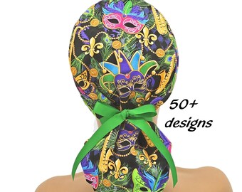 Ponytail Scrub Cap: Optional Satin Lining and Mask Buttons; Adjustable Tie Back Nurse Hat