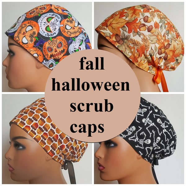 Fall/Halloween scrub cap-Buy 4 get 1 free RANDOM-scrub cap for woman and man-skulls-skeletons-witches-ghosts-pumpkins-Made in USA scrub cap
