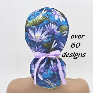 Floral Ponytail Scrub Cap: Satin Lined Cotton Surgical Cap with Buttons