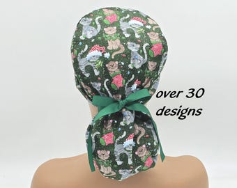 Christmas Ponytail Scrub Cap for Women; Surgical Hat with Satin Lining and Buttons Option
