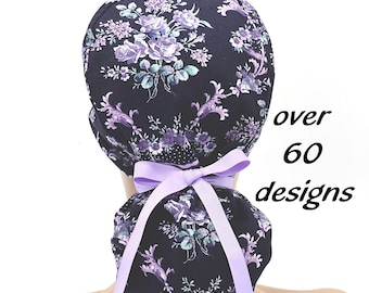Gorro quirúrgico con cola de caballo floral: gorro quirúrgico hecho a mano con forro de satén para mujer; gorro quirúrgico para quirófano.