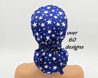Satin Lined Ponytail Scrub Cap: 4th of July Nurse Hat