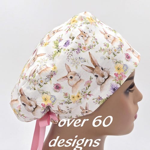Easter Scrub Cap: Cotton Surgical Hat for Nurses - Bunnies, Chicks, Hearts