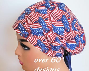 Gorro quirúrgico patriótico: gorro de enfermera de algodón estilo europeo - Hecho en EE. UU.