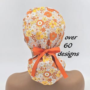 Floral Ponytail Scrub Cap: Satin Lined Cotton  Surgical Hat