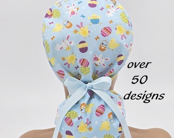 Easter Print Ponytail Scrub Cap: Satin Lined Cotton Surgical Hat