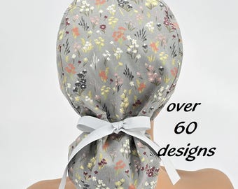 Floral Ponytail Scrub Cap: Handmade Cotton Surgical Hat with Satin Lining