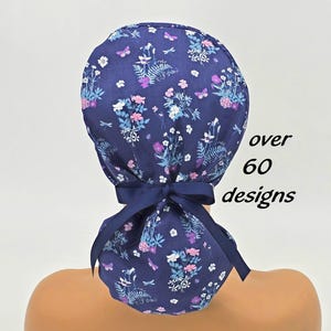 Scrub cap for women ponytail style with satin lining  option-floral cap for doctors and nurses
