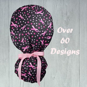 Ponytail Scrub Cap: Breast Cancer Awareness, Satin Lined, with Buttons