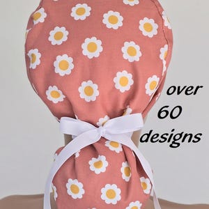 Ponytail scrub cap for women with satin lining and buttons option-floral surgical scrub hat ponytail
