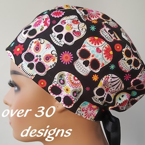 Halloween scrub cap for woman and man-satin scrub cap-fall surgical hat-skulls-skeletons-witches-ghosts-pumpkins